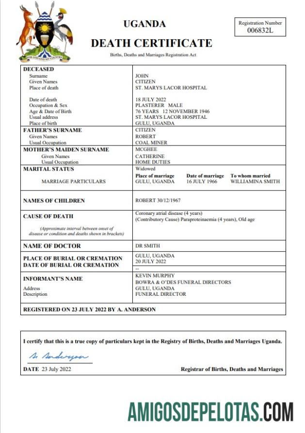 Realista modelo Word e PDF de certidão de óbito de registro vital de Uganda
